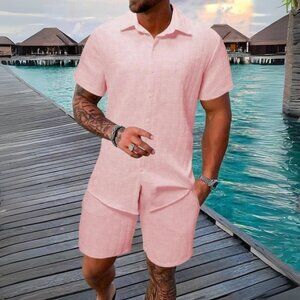 Men's Dusty Pink Collared Neck Short Sleeve Top & Shorts Resort Outfit